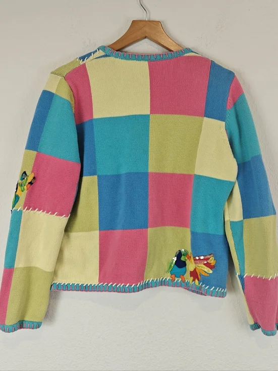 VTG Christina Rotelli Patchwork Bird Cardigan Embroidered Cottagecore M/L - Picture 11 of 13